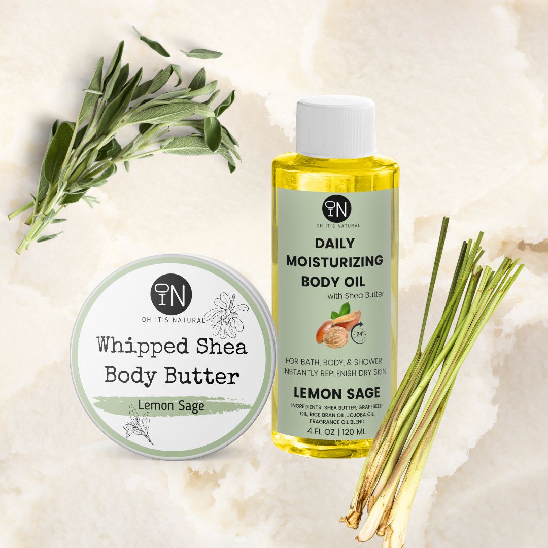Lemon sage scented shea body oil - vegan body products by oh it's natural