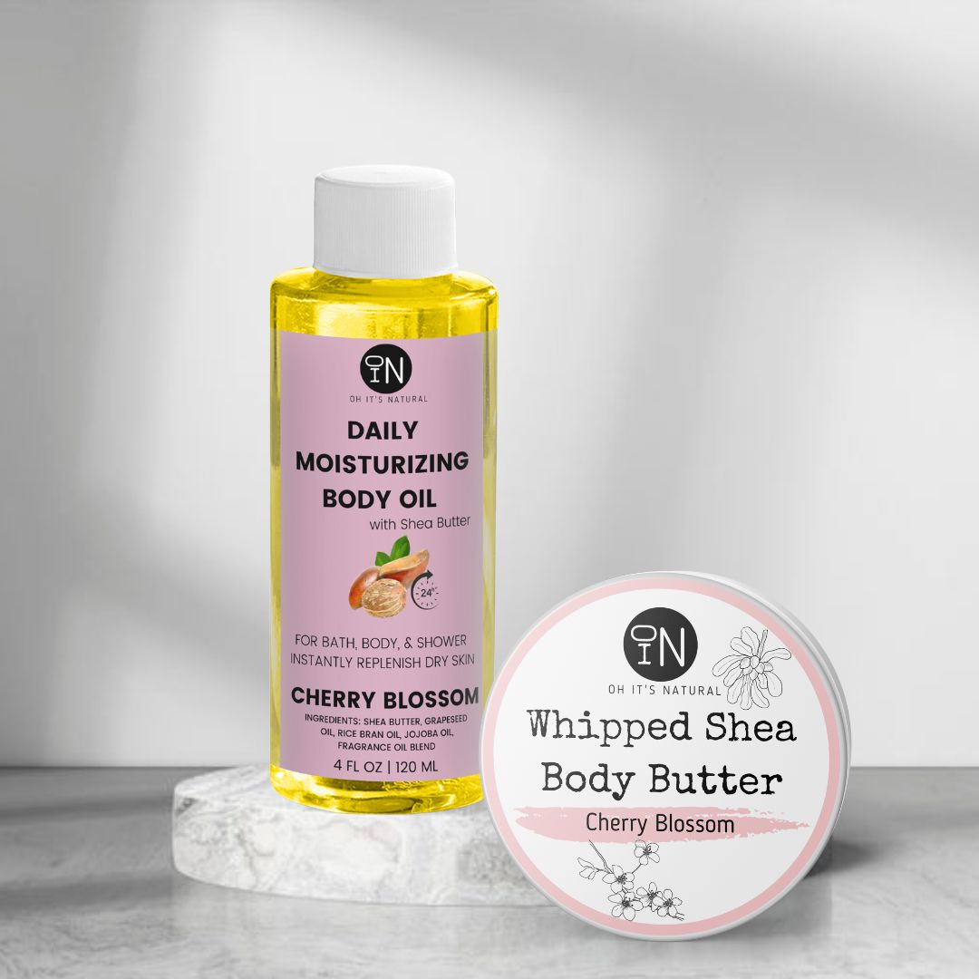 Cherry blossom scented shea body oil and body butter- vegan body products by oh it's natural