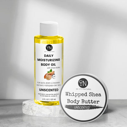unscented shea body oil and body butter - vegan body products by oh it's natural