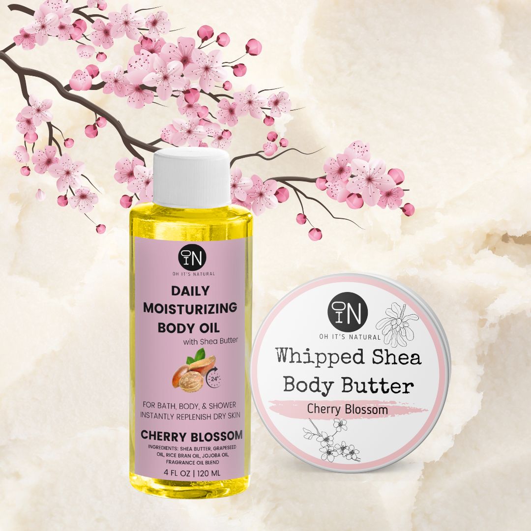 Cherry blossom scented shea body oil and body butter- organic and vegan body products by oh it's natural