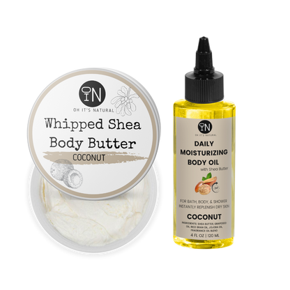 coconut shea body oil and body butter - vegan body products by oh it's natural