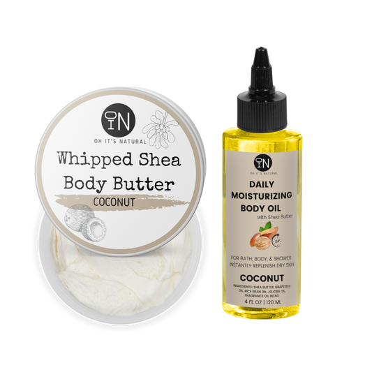 coconut shea body oil and body butter - vegan body products by oh it's natural