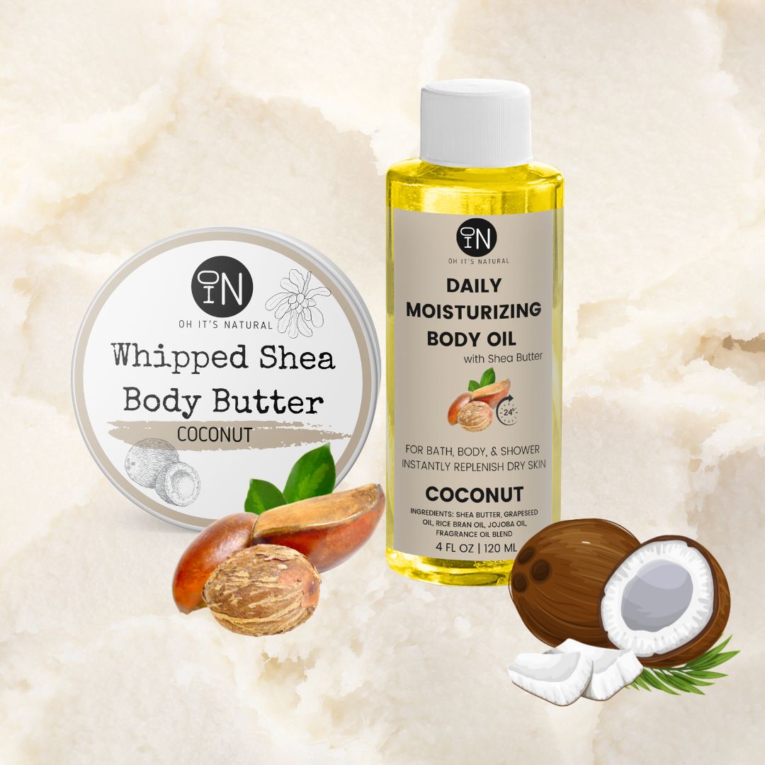 coconut scented shea body oil - vegan body products by oh it's natural