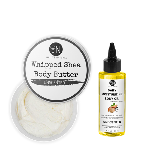 unscented shea body oil and body butter - vegan body products by oh it's natural