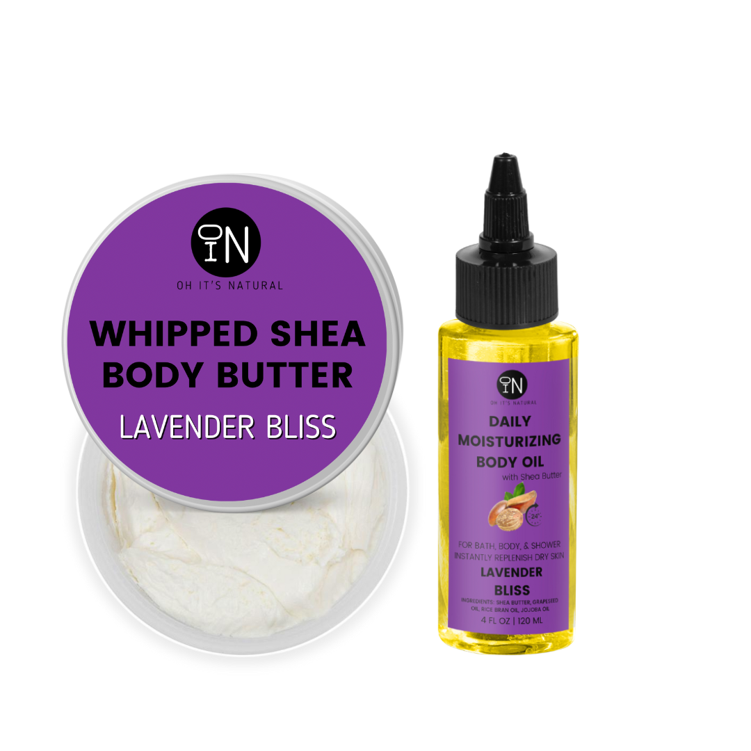 lavender shea body oil and body butter - vegan body products by oh it's natural