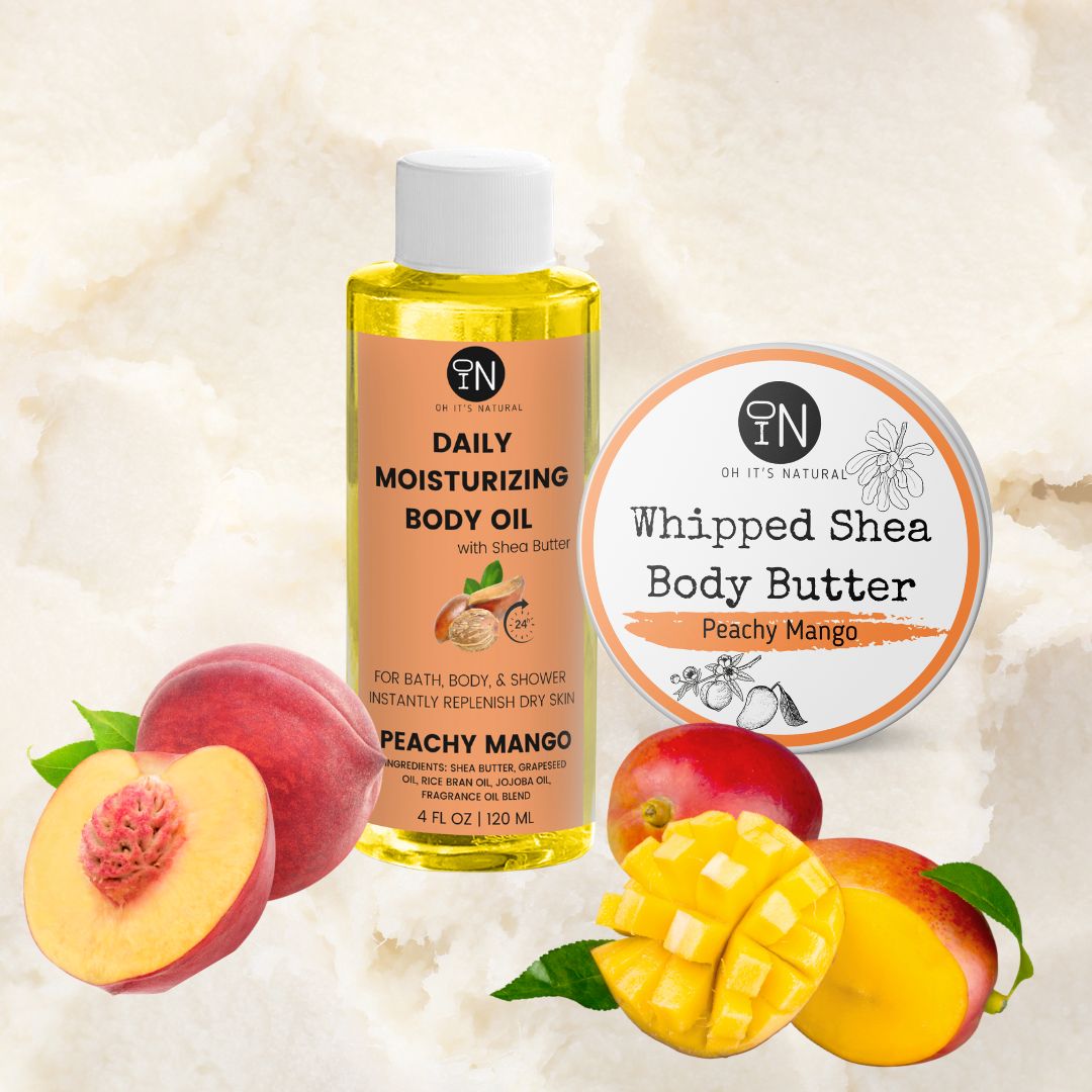 peachy mango scented shea body oil and body butter - vegan body products by oh it's natural