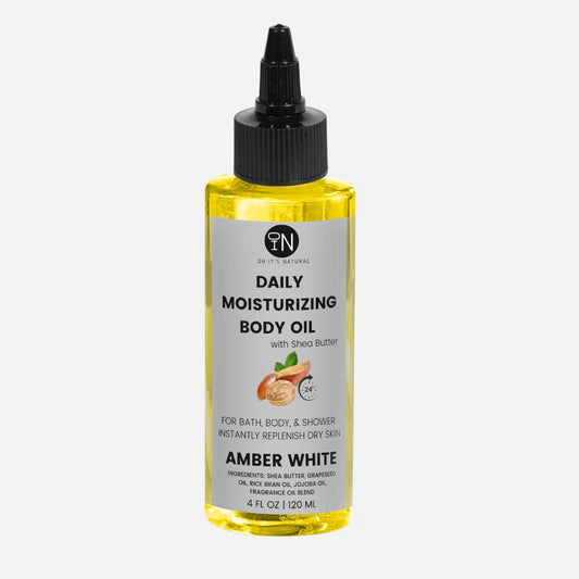 white amber shea body oil - vegan body products - oh it's natural